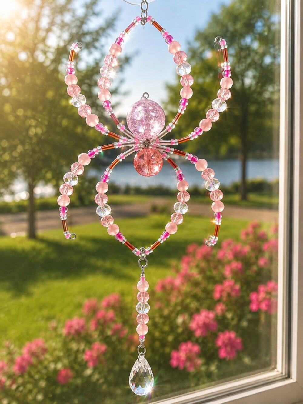 "Bubblegum" Pink Beaded Spider Sun-catcher - Window Decor